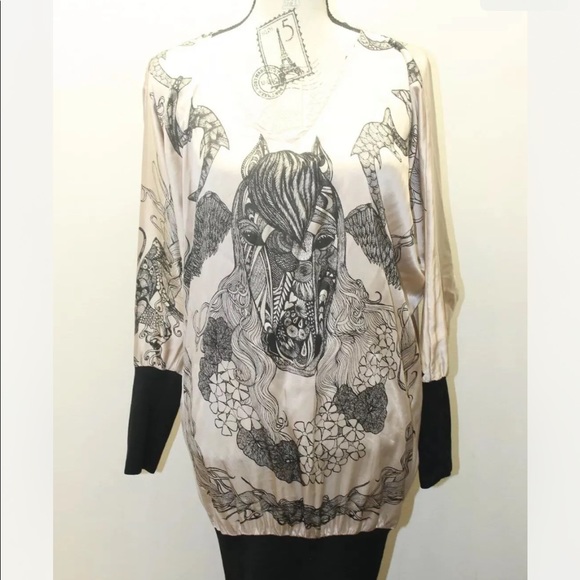 Zara Women Tunic Dress Beige Black Silk Graffiti Print Medium Portugal - Picture 3 of 12
